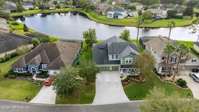 aerial view featuring a water view