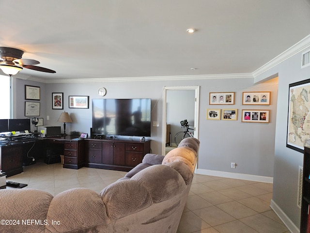 tiled living room featuring ceiling fan and crown molding