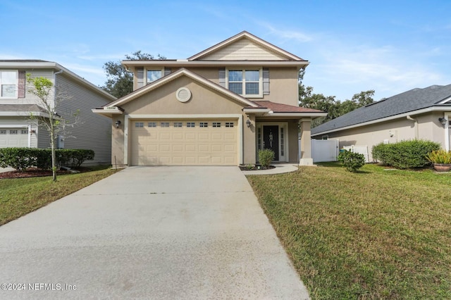 front facade with a garage and a front yard