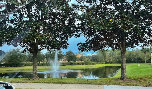 view of community featuring a lawn and a water view