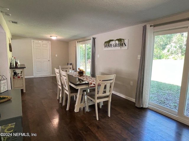 dining room featuring dark hardwood / wood-style flooring, plenty of natural light, and a textured ceiling