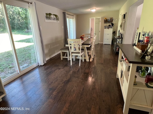 dining room featuring dark hardwood / wood-style floors and a textured ceiling