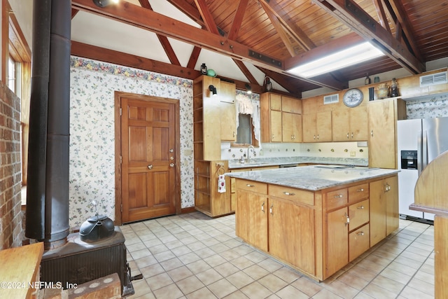 7816 Whispering Pines Ln, Glen St Mary, FL 32040 - kitchen with stainless steel refrigerator with ice dispenser, a wood stove, wooden ceiling, a sink, and a center island