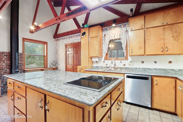 kitchen featuring vaulted ceiling with beams, black electric stovetop, a wood stove, sink, and stainless steel dishwasher