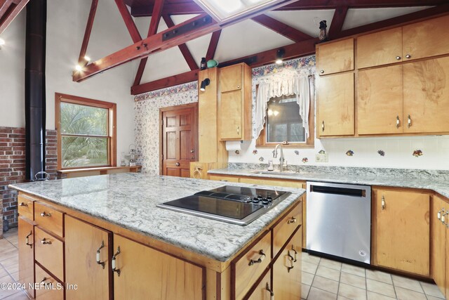 7816 Whispering Pines Ln, Glen St Mary, FL 32040 - kitchen featuring dishwasher, black electric stovetop, a sink, light tile patterned flooring, and a kitchen island