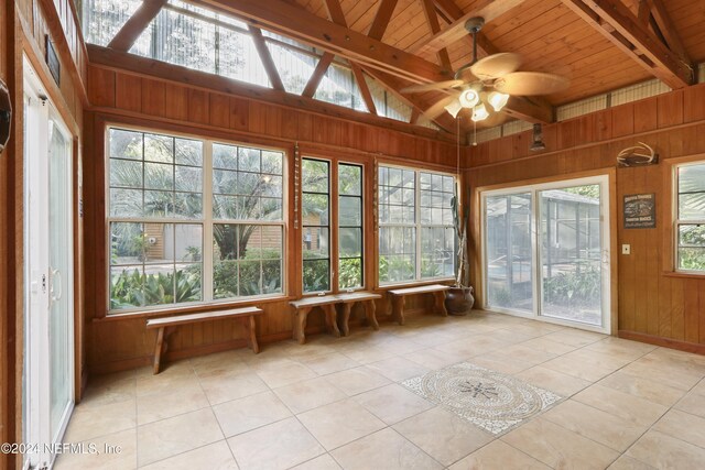 7816 Whispering Pines Ln, Glen St Mary, FL 32040 - unfurnished sunroom featuring wood walls, tile patterned floors, and wooden ceiling