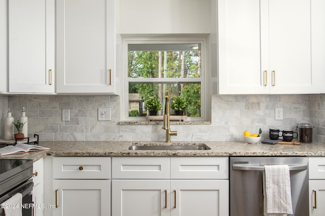 kitchen with white cabinetry, light stone counters, stainless steel dishwasher, and sink