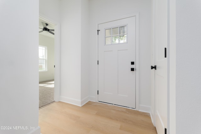 entrance foyer featuring ceiling fan, light hardwood / wood-style floors, and a healthy amount of sunlight