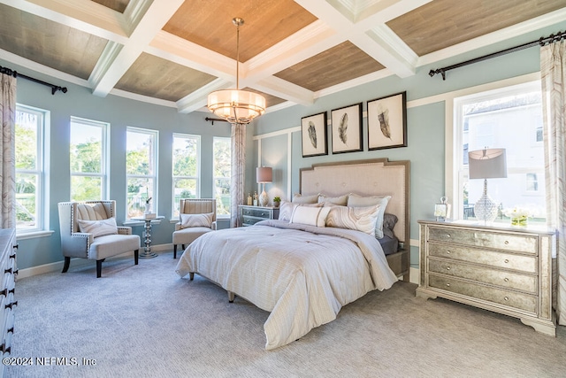 carpeted bedroom featuring multiple windows, wooden ceiling, and coffered ceiling