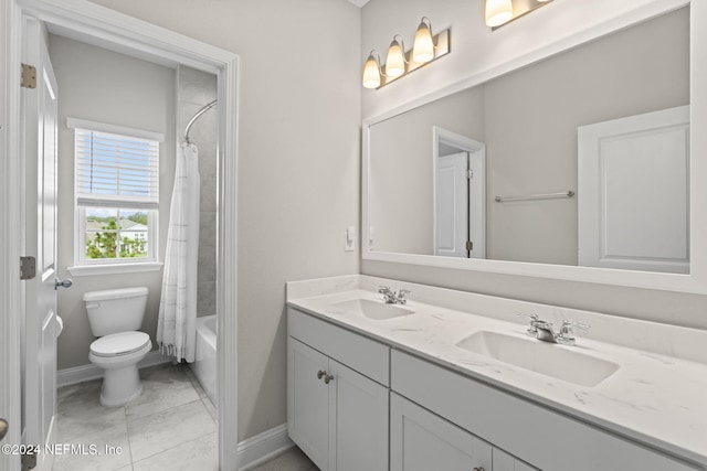 full bathroom with toilet, vanity, and shower / bath combination with curtain