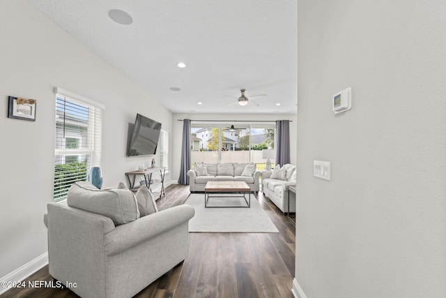 living room featuring ceiling fan and dark hardwood / wood-style flooring