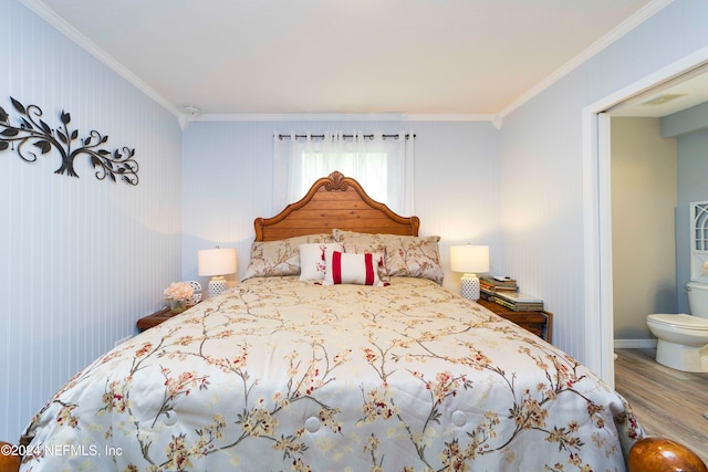 bedroom with ornamental molding and wood-type flooring