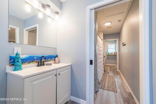 bathroom with wood-type flooring and vanity