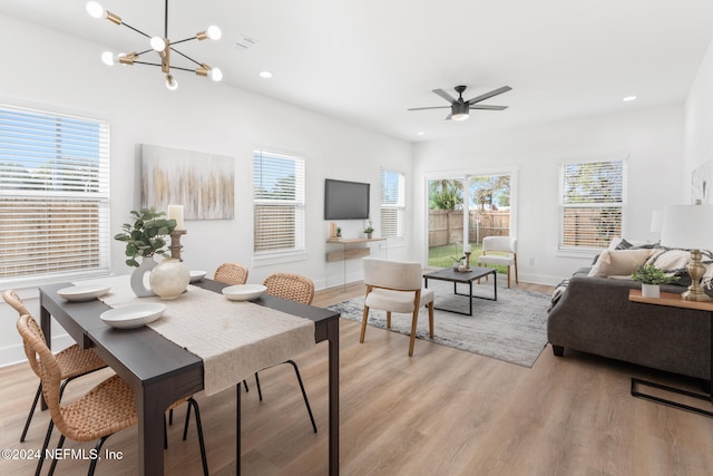 dining room featuring ceiling fan with notable chandelier and light hardwood / wood-style flooring