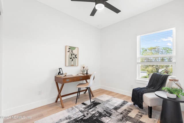 home office featuring light hardwood / wood-style floors and ceiling fan