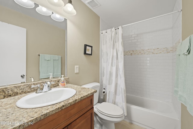 full bathroom with vanity, toilet, and shower / bathtub combination with curtain