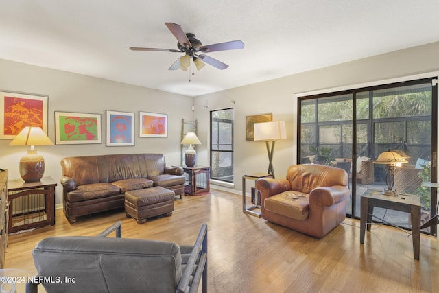 living room with light wood-type flooring and ceiling fan