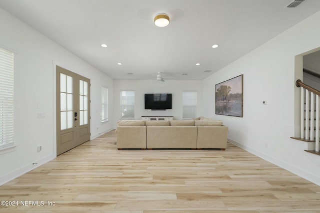 51 Topiary Ave, Saint Augustine, FL 32092 - living room featuring light wood-style floors, ceiling fan, recessed lighting, baseboards, and stairway