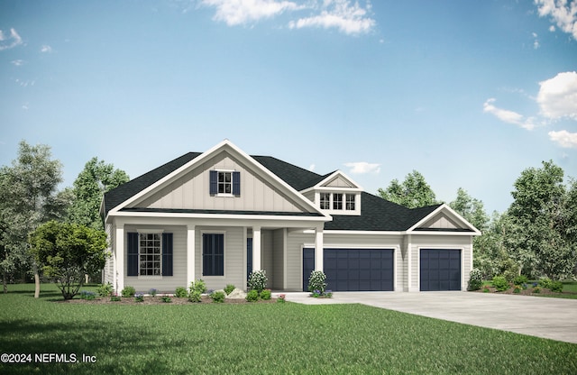 view of front of property with a garage, a porch, and a front lawn