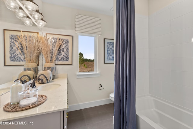 full bathroom featuring tile patterned flooring, vanity, toilet, and shower / tub combo with curtain