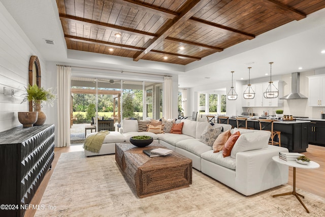 living room with light wood-type flooring, wood walls, beamed ceiling, and wooden ceiling