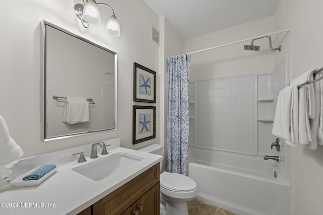 full bathroom with toilet, shower / tub combo, vanity, and tile patterned floors