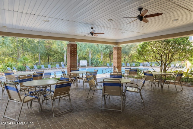 view of patio with ceiling fan and a community pool