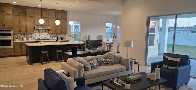 living room with light wood-type flooring and recessed lighting