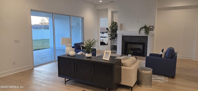 living room featuring light wood-style floors, a fireplace, and baseboards