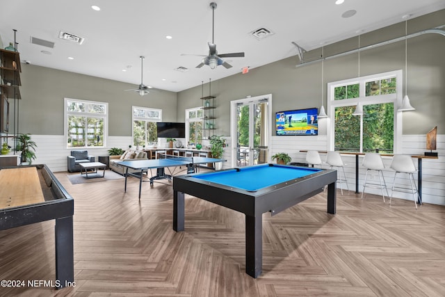 recreation room featuring billiards, ceiling fan, and light parquet floors