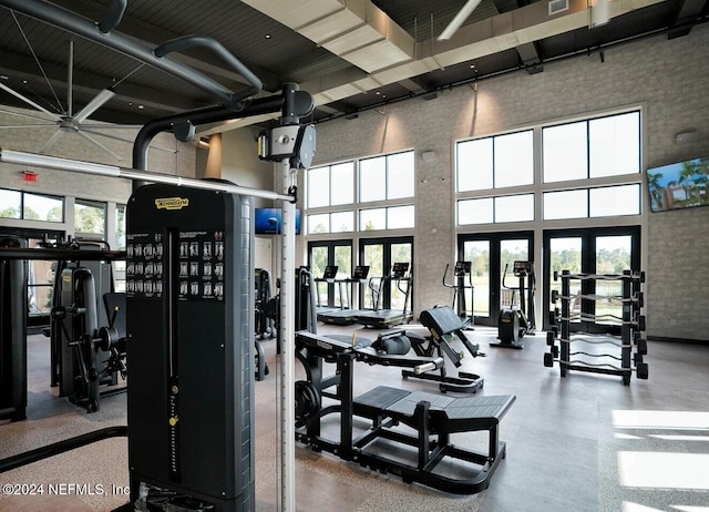 gym with a towering ceiling and a wealth of natural light