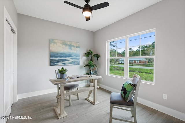 office space featuring wood-type flooring and ceiling fan