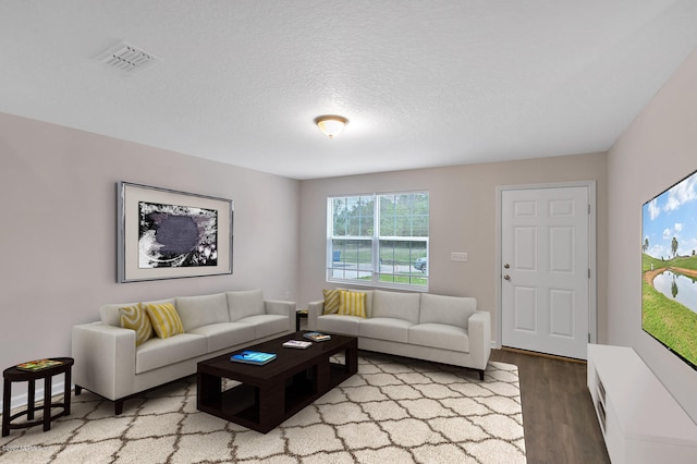 living room with a textured ceiling and light hardwood / wood-style flooring