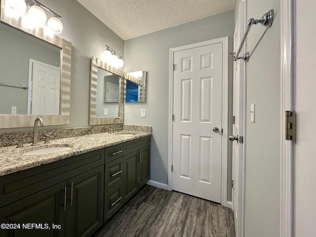 bathroom with vanity, wood-type flooring, and a textured ceiling