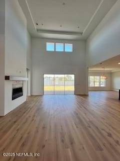 unfurnished living room with a tray ceiling, a fireplace, and wood finished floors