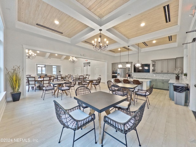 dining space featuring beamed ceiling, light hardwood / wood-style flooring, coffered ceiling, and wood ceiling