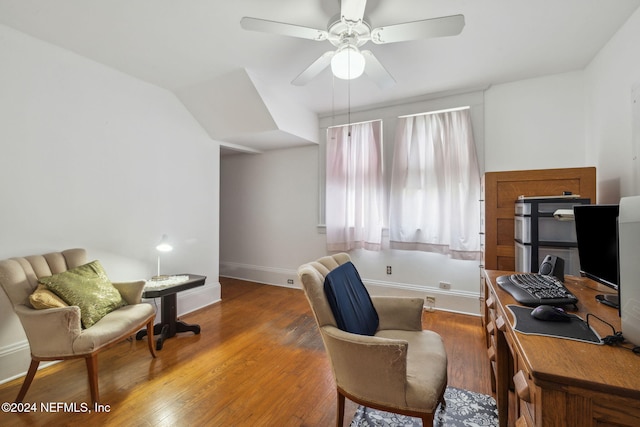 office area featuring hardwood / wood-style flooring and ceiling fan