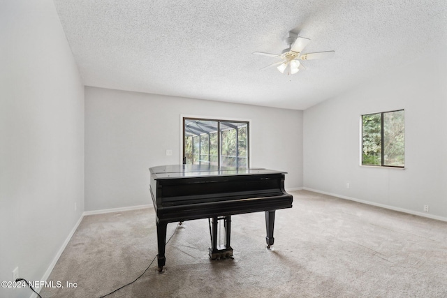 miscellaneous room featuring a textured ceiling, ceiling fan, light colored carpet, and lofted ceiling