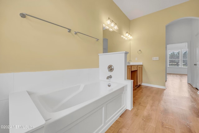 bathroom with a bathtub, vanity, and hardwood / wood-style flooring