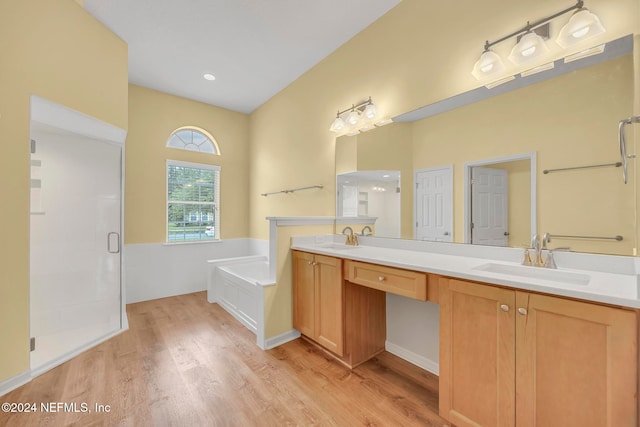 bathroom featuring hardwood / wood-style flooring, vanity, and plus walk in shower