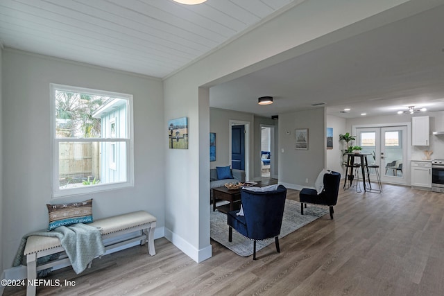 living room with ornamental molding, light hardwood / wood-style flooring, and a healthy amount of sunlight