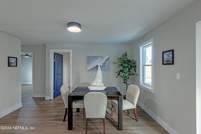 dining space with hardwood / wood-style flooring and ceiling fan