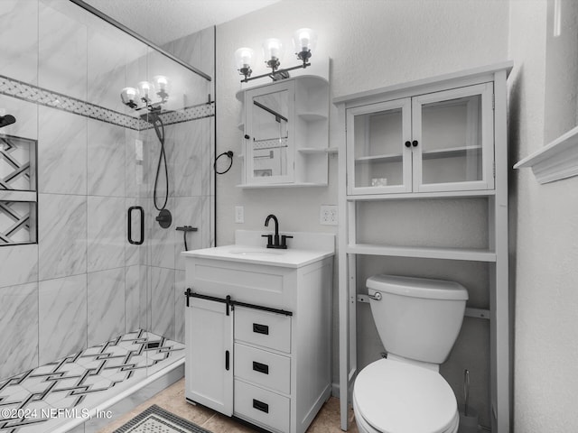 bathroom with walk in shower, vanity, a textured ceiling, and toilet