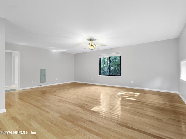 spare room featuring ceiling fan and light wood-type flooring