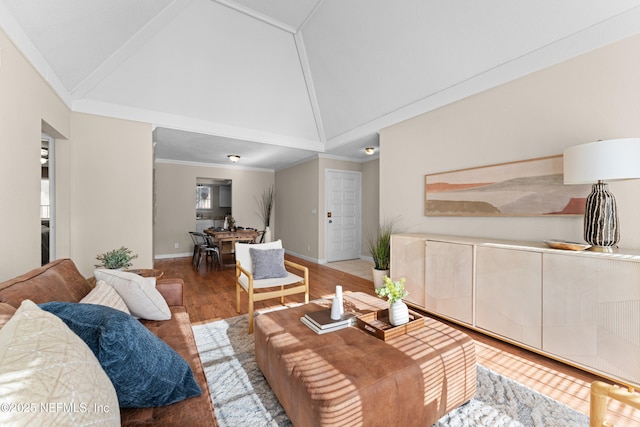 living room with hardwood / wood-style flooring, crown molding, and high vaulted ceiling