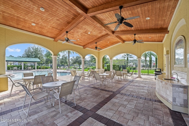 view of patio / terrace featuring ceiling fan, a community pool, and sink