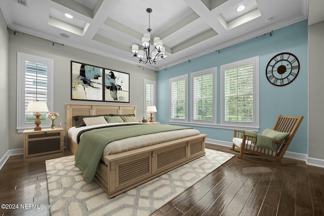 bedroom featuring dark hardwood / wood-style floors, crown molding, multiple windows, and coffered ceiling