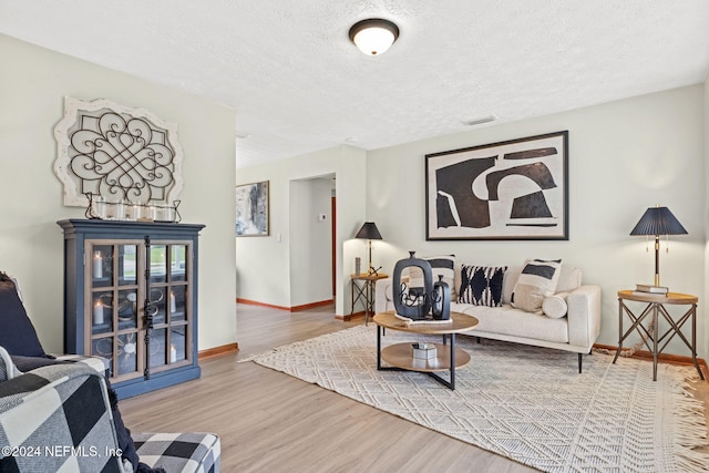 living room with wood-type flooring and a textured ceiling