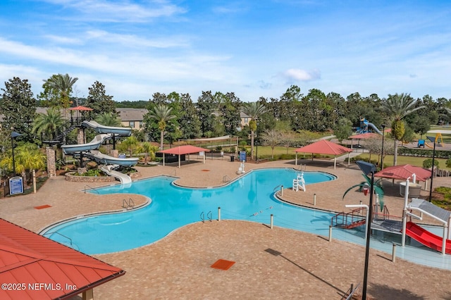 view of pool featuring a water slide