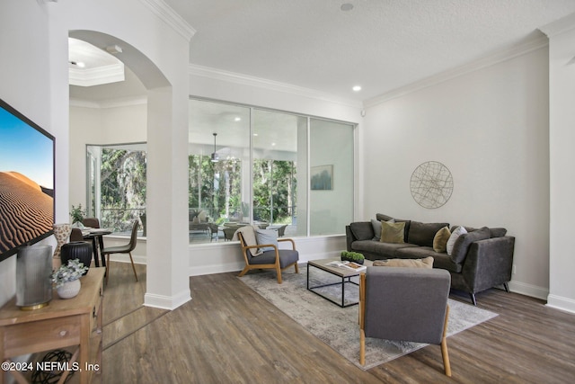 living room featuring dark hardwood / wood-style floors and crown molding